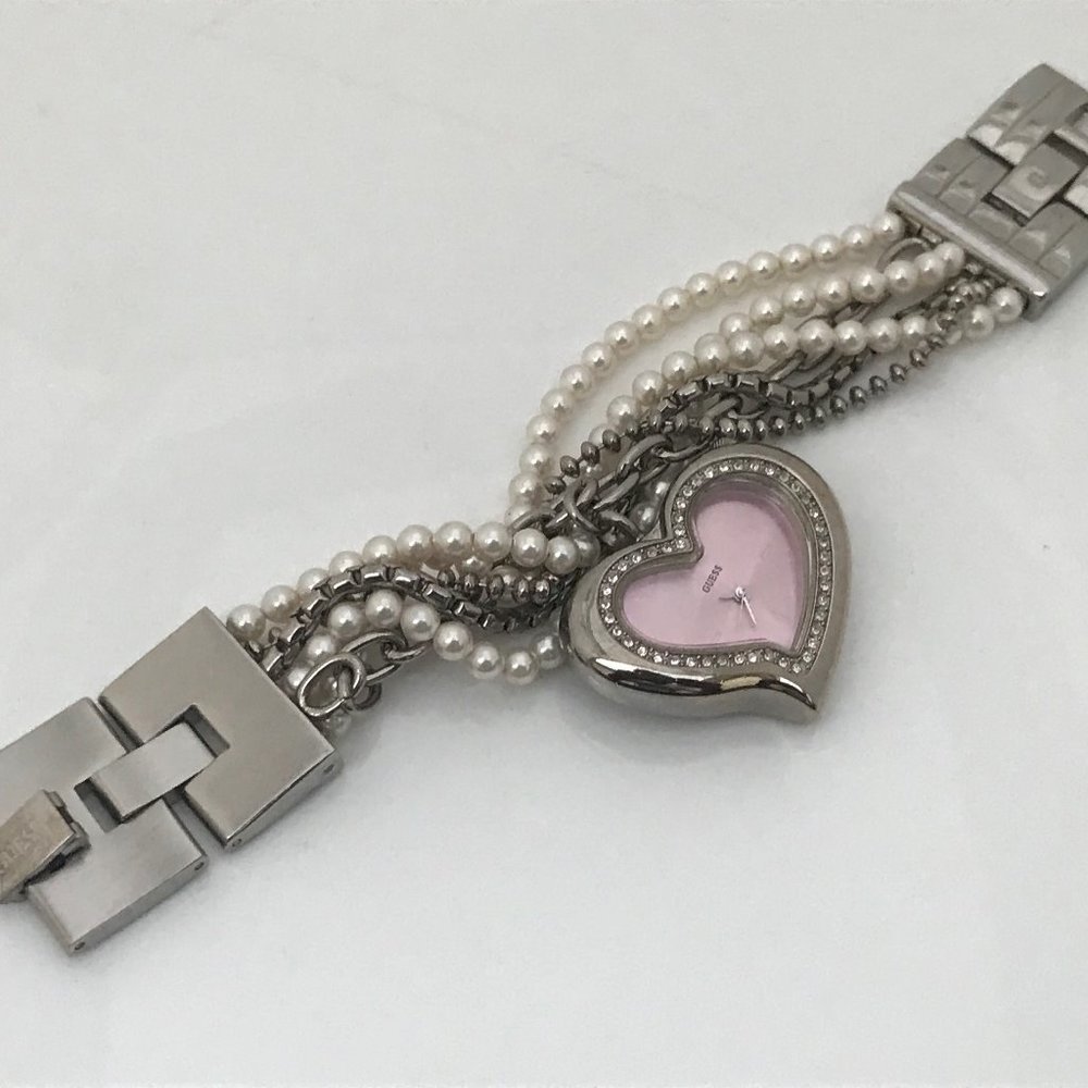 Guess Ladies Watch Heart Shape Pink Face Beads Cha - Picture 4 of 12